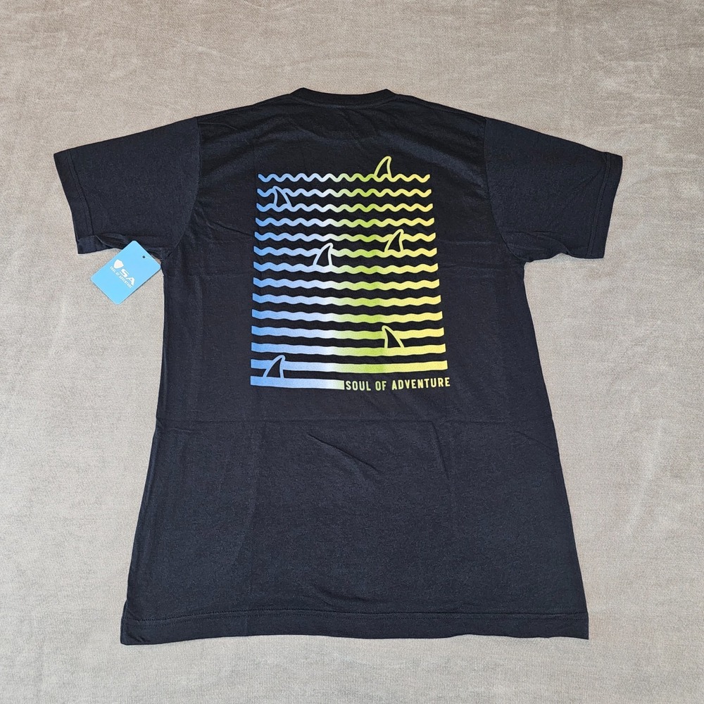 Mens Medium Graphic Tee Shirt Navy Shark Waves by Soul of Adventure